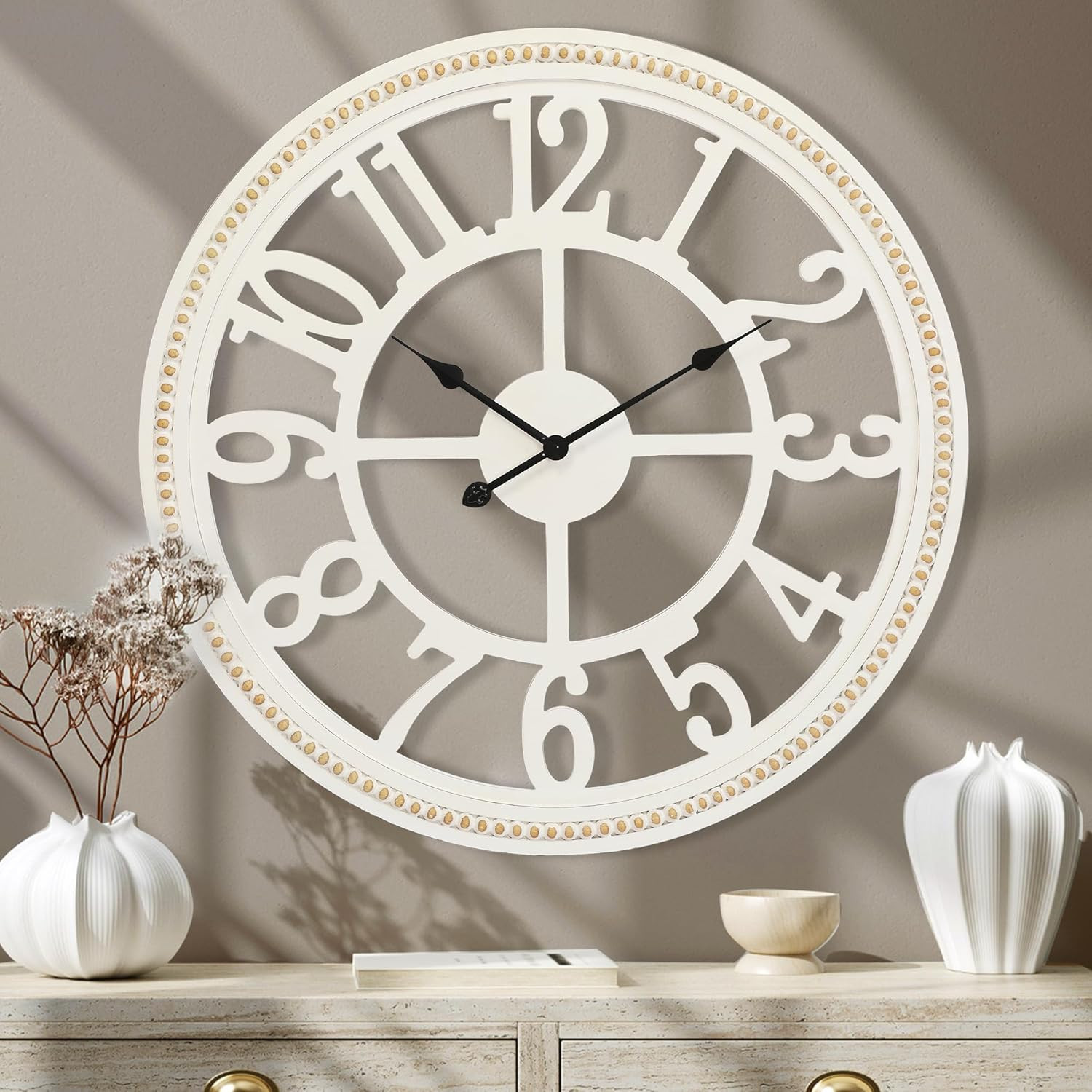 Farmhouse Wall Clock 30 Inch, Large Wall Clock with Boho Beads, Wooden Silent Wa