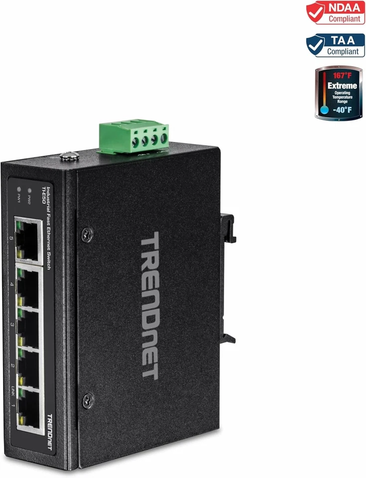 TRENDnet TI E50 5 Port Industrial Unmanaged Ethernet Switch DIN Rail Mount - Image 3 of 4