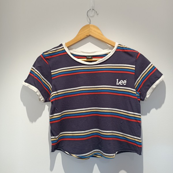 Lee Size 8 Navy Blue Striped Crop T-shirt Tee Raw Hem Grunge School Streetwear 