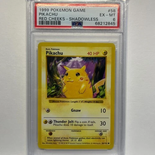 1999 Pokemon TCG Pikachu 58/102 Base Set Shadowless Red Cheeks PSA 6
