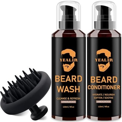 Beard Wash and Conditioner & Silicone Beard Brush Set w/Argan & Jojoba Oils - 