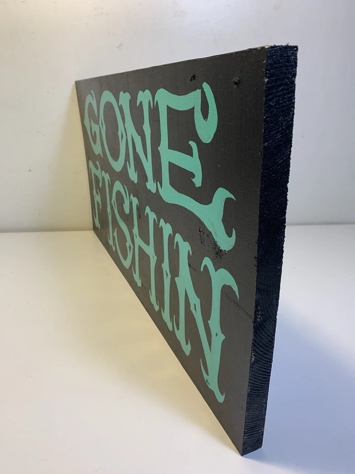 Arte popular pintado a mano pesca desaparecida SIGNO PECES hombre cueva cebo tienda publicidad madera Foto 3 de 4