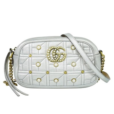 GUCCI 447632 GG Marmont Small Camera Crossbody Bag Silver Gold