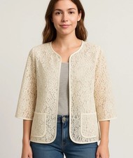 Chicos Womens Bonded Lace Henrietta Cardigan White Tan Open Front Blazer 1 S