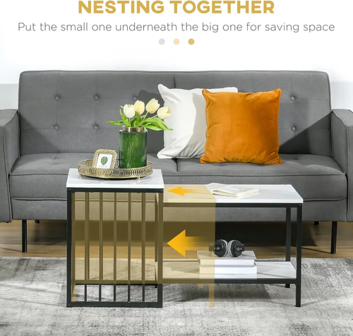 New Loft Range Modern Set Of 2 Marble Effect Nest Of Table With Metal Frame - Picture 3 of 8