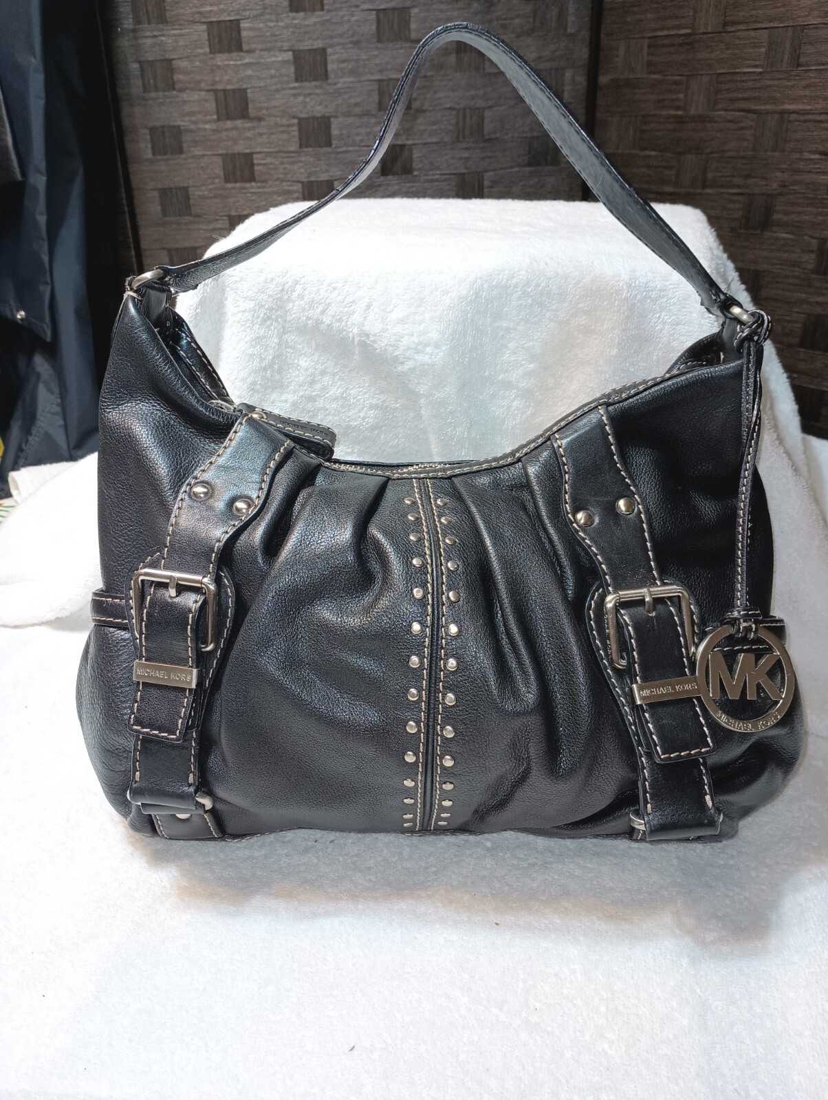 Michael Kors Black Leather Studded Satchel Purse Crossbody Bag  