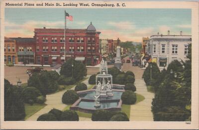 Postcard Memorial Plaza and Main St Looking West Orangeburg SC 