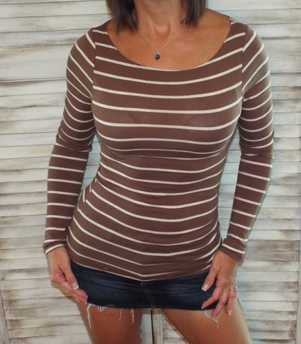 Sexy Boat Neck Preppy Striped Rugby Open Shoulder Stretch Shirt Top Cocoa - 第 10/14 張圖片