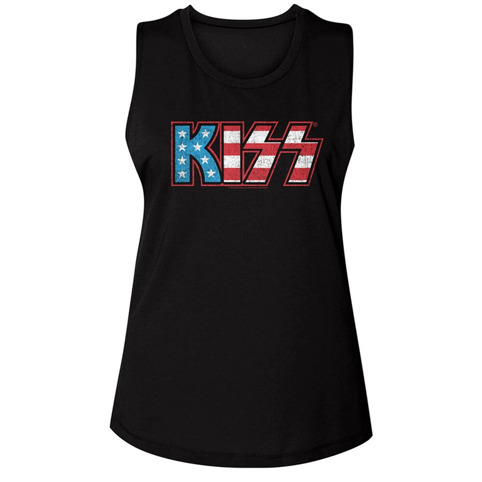 Kiss США флаг звезды и полосы группы логотип женщин мышцы бак футболка рок Merch - Изображение 3 из 3