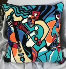 Decorative Pillow Jazz Musicians Cubist Pattern Wool & Black Poly 15.5" Square