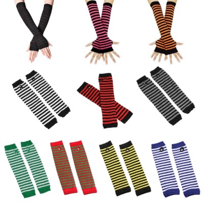Female Half Finger Mittens Long Sleeve Stretchy Knit Stripe Pattern Typing Glove