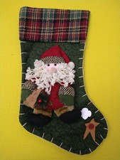 Christmas Stocking Plush Embellished Santa  Holding Pouch Applique 17 inch Green