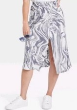 A New Day Slip Skirt Womens M White Blue Marble Ruched Side Midi Pull On