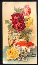 Clark's ONT Spool Cotton Victorian Trade Card Roses Vase Scissors Pin Cushion