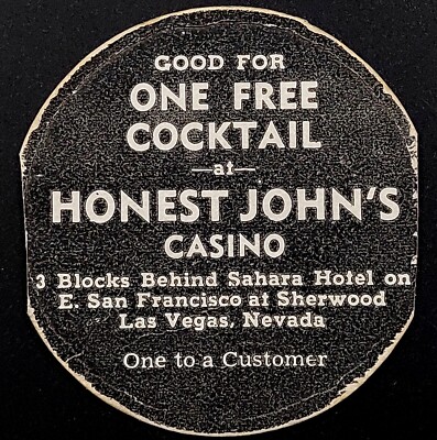 Honest John's Casino, Good For 1 Free Cocktail or 5 Lucky Nickels coupon! black