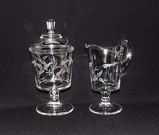 Rare Victorian EAPG 7" Tall Creamer  9" Tall Covered Sugar Bowl Etched Footed