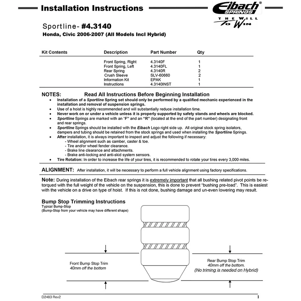 Kit de molas rebaixadoras dianteiras traseiras Eibach 4.3140 SPORTLINE para Honda Civic 2006-11 - Imagem 2 de 4