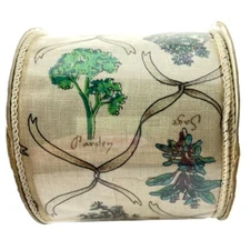 CMC Wire-Edge Ribbon Drawings of Herbs Print Rosemary Parsley Thyme 3"W 10 Yds.