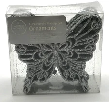 Winter Wonder Lane 14 Pack Shatterproof Ornaments Silver Glitter Butterflies NEW
