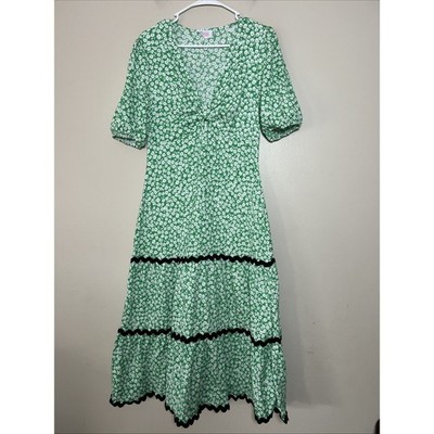 Savida Maxi Dress V Neck Pretty Boho Green White Floral Daisies Women s Medium