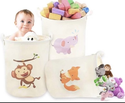 3 Pack Canvas Nursery Toy Storage/Laundry Baskets With Handles Cute Animal Desig