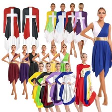 US Women Praise Dance Dress Tunic Long Sleeve Color Block Irregular Lyrical