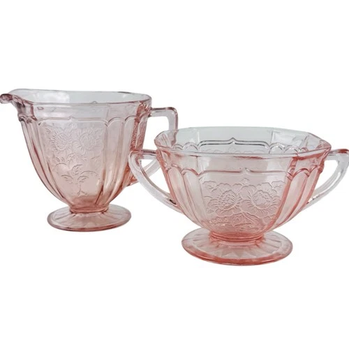 Pink Depression Glass Anchor Hocking Mayfair Open Rose Creamer & Sugar Bowl Set