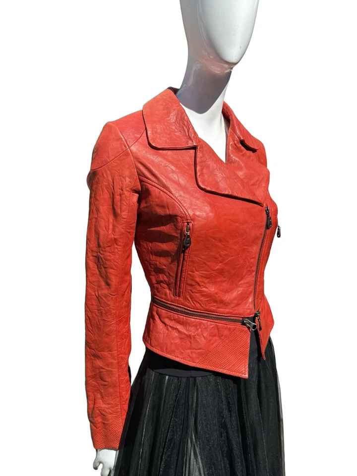 Vintage Y2K DOMA Leather Red motorcycle Jacket KITSON Tag W/detachable Waist Sm - Image 3 of 4