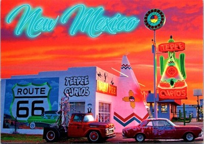 Tepee Curios Neon Kachina Sign NM Postcard Route 66 Sunset Antique Cars