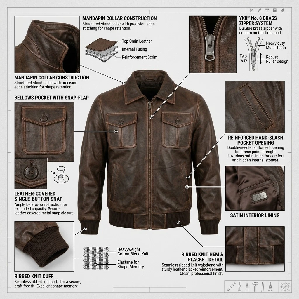Men's Genuine Leather Brown Bomber Jacket Vintage Style Zip Up Flight Coat - product detail image 3
