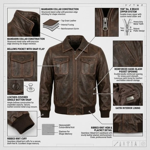 Men's Genuine Leather Brown Bomber Jacket Vintage Style Zip Up Flight Coat image 3