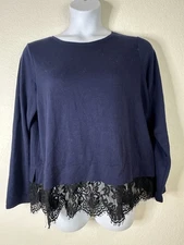 Simply Vera Wang Womens Size XL Blue Lace Trim Pullover Knit Top Long Sleeve
