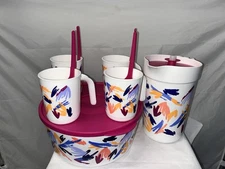 VTG Tupperware Abstract 2QT + Pitcher Set  4 Handled Cups + Bowl 9.5 Inch