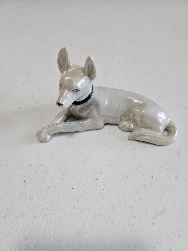 Vintage White Iridescent Porcelain Art Dog With Collar 5” Made In Japan