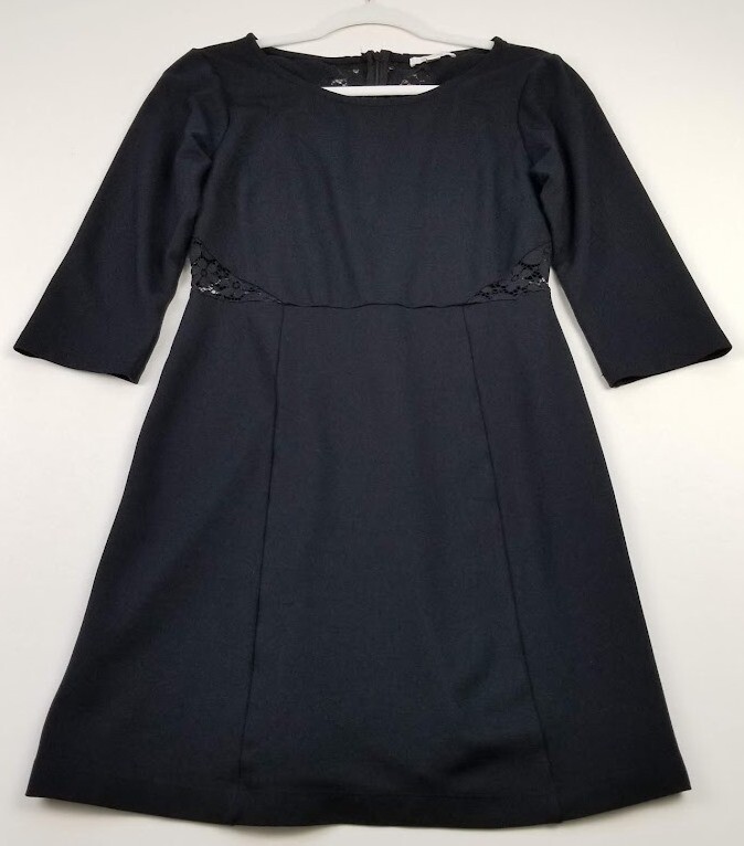 Ella Moss Dress Women's M Medium Black 3/4 Sleeves Sheer Lace Trim Zipper Knit Ella Moss Dress Women's M Medium Black 3/4 Sleeves Sheer Lace Trim Zipper Knit