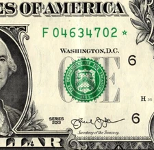 2013 F Star Note Fancy Serial Number One Dollar Bill F04634702* Regular Run