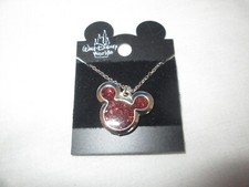 Disney World Mickey Mouse Necklace Silver Tone With Red Sparkling Center