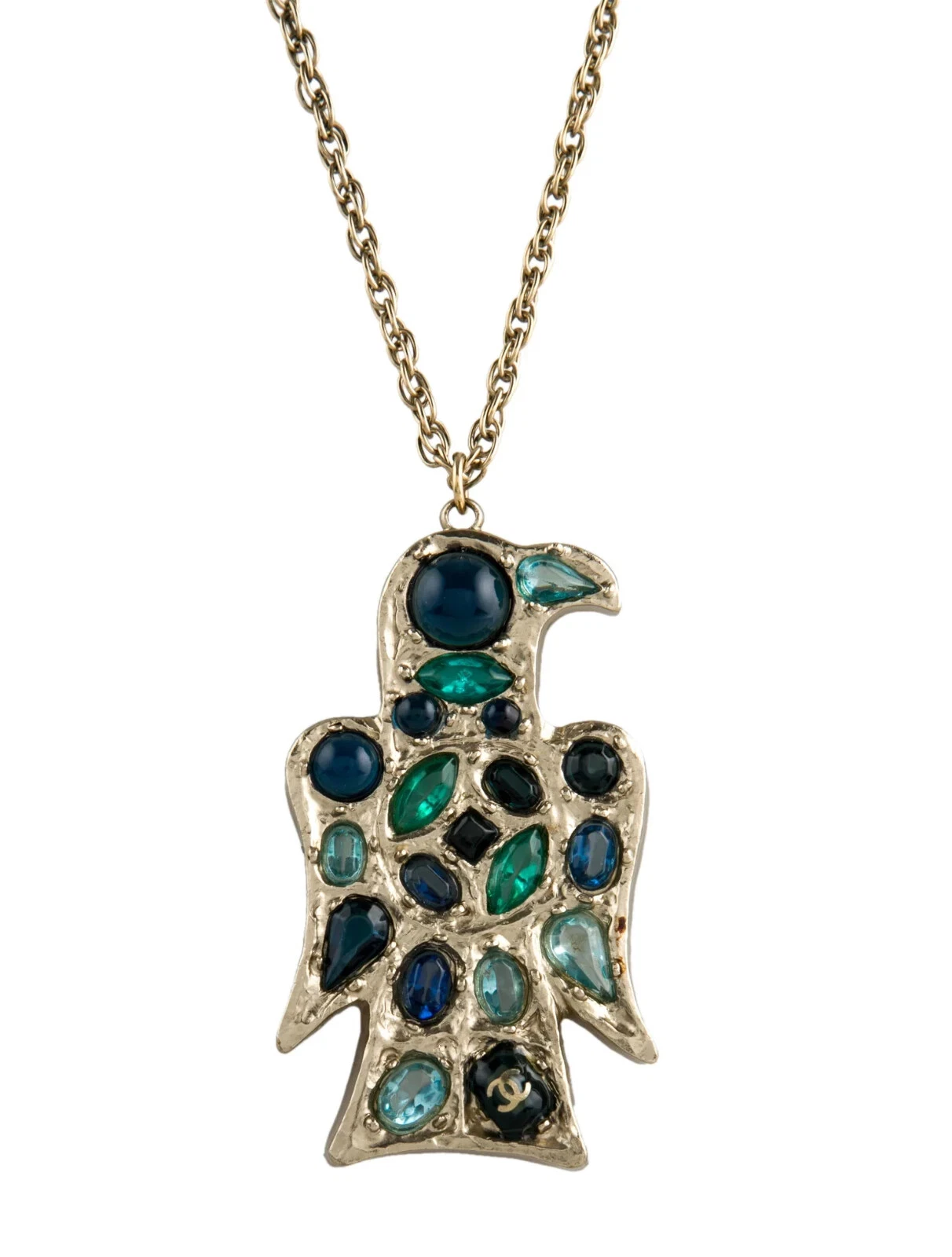 Collana CHANEL 2007 Autunno CC Logo Ciondolo Aquila Uccellino Blu Verde Vintage gyuh