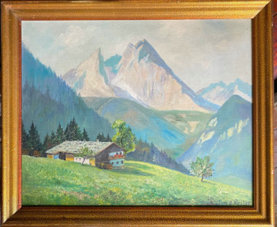 Oil painting signed. Oskar Keller farmhouse in the Alps before mountain panorama