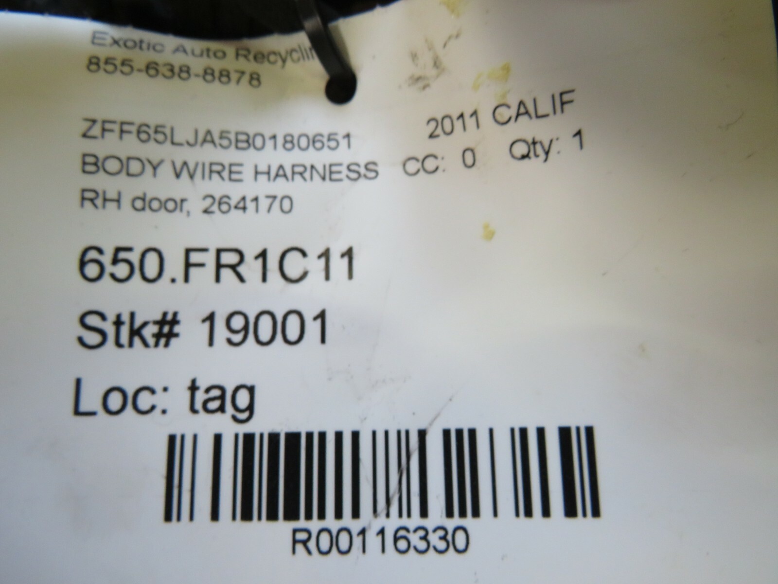 Ferrari California, RH, Right Door Wire Harness, Used, P/N 264170