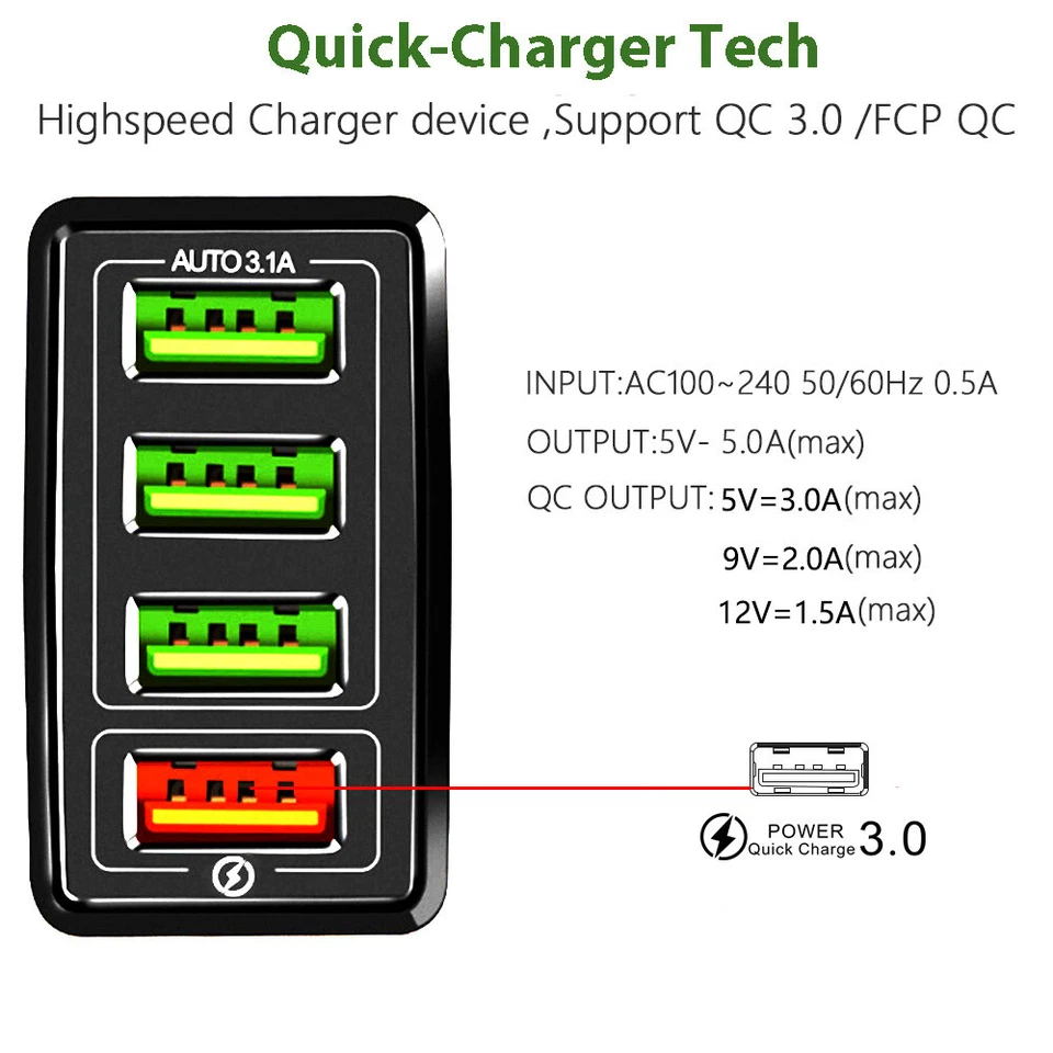 EE. UU. 4 puertos carga rápida QC 3.0 USB Hub pared hogar cargador adaptador de corriente enchufe Foto 2 de 4