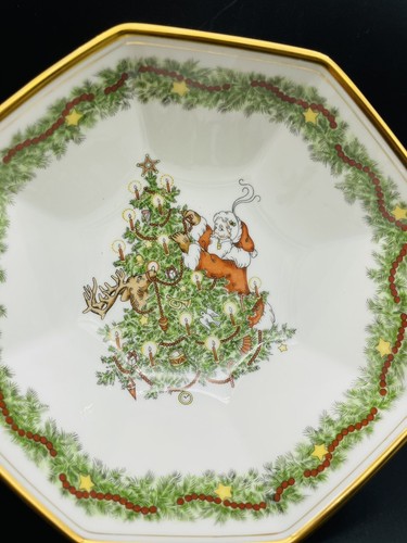 Fitz & Floyd 7" Octagonal Bowl St. Nicholas Gold Rim Santa Christmas Tree 1977 - Picture 5 of 17