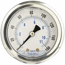 LIQUID FILLED PRESSURE GAUGE 0-160 PSI, 1.5" FACE, 1/8" NPT BACK MOUNT