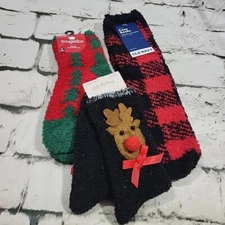 Fuzzy Christmas Socks Cozy Lot Of 3 Reindeer Buffalo Plaid Womens Juniors O/S 