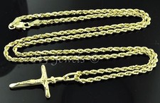 14k solid yellow gold hollow rope chain necklace  cross pendant  3580 5.10gram