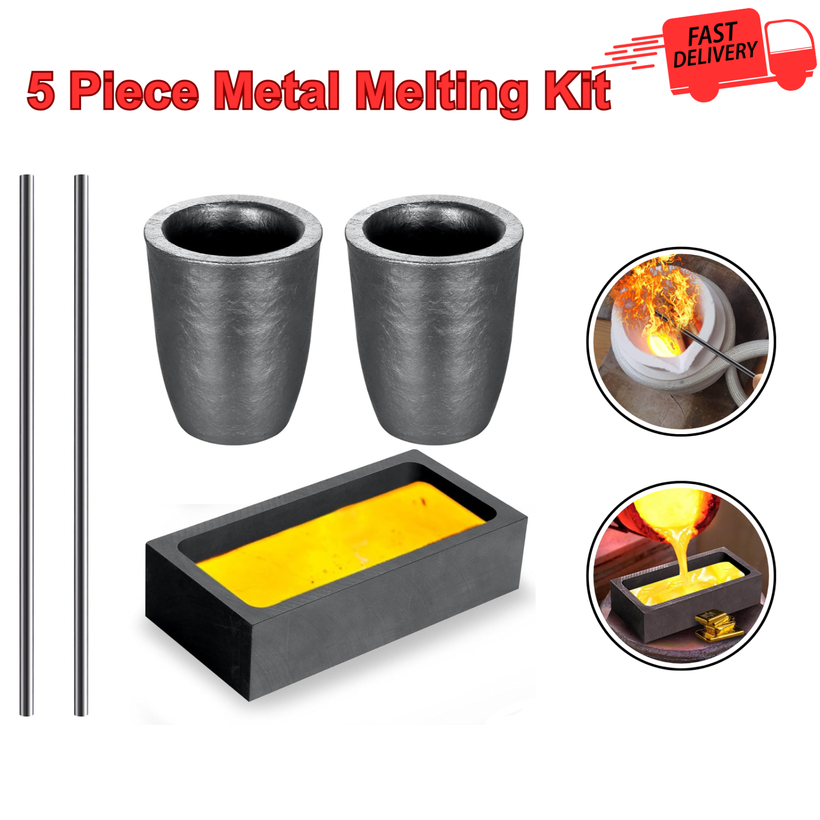 5 Pcs Metal Melting Kit,Graphite Crucibles,Stir Rods, Ingot Mold for Gold,Copper