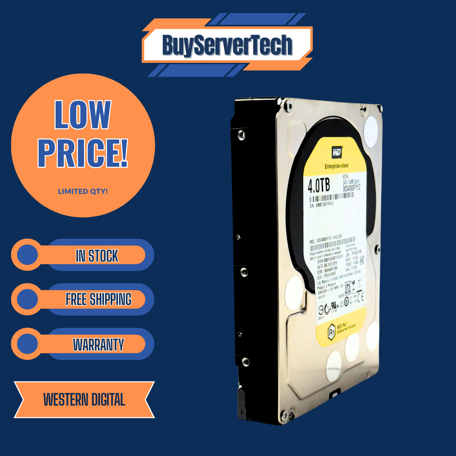 WD4000FYYZ Western Digital RE 4TB 7.2k 64MB 3.5" SATA 6Gb/s HDD | 0 Hours | 1 Y