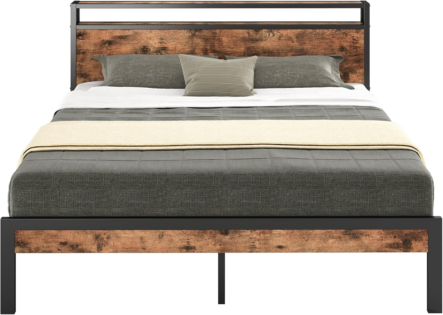 Full Bed Frame with 2-Tier Storage Headboard, Sturdy Platform Design-image