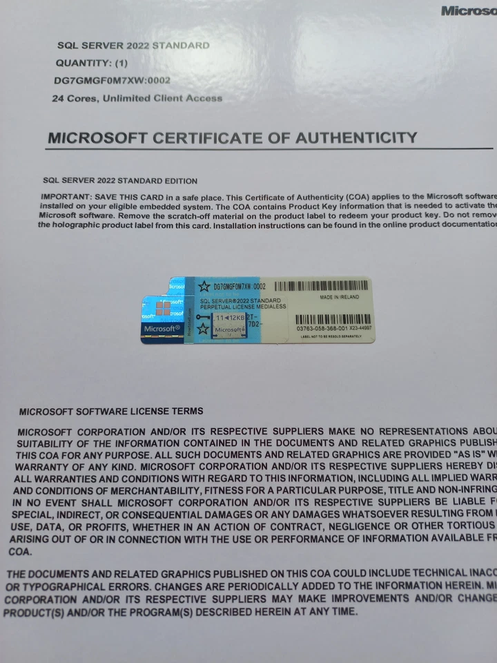 Microsoft SQL Server 2022 Estándar VENTA AL POR MENOR 24 núcleos ilimitado CAL CoA DG7GMGF0M7XW Foto 4 de 4