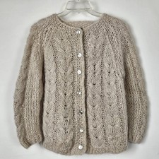 Vintage Hand Knit In Italy Mohair  Wool Button Up Cable-Knit Cardigan Sweater